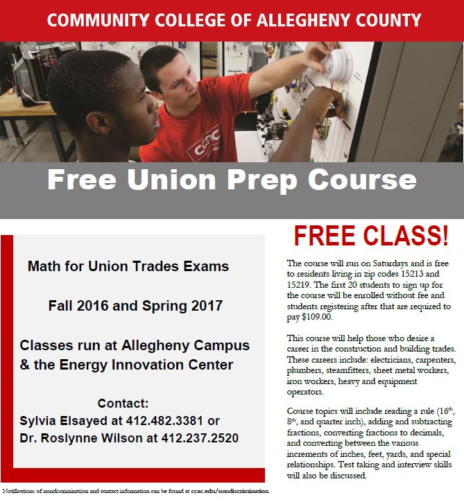 Live in the 15213 or 15219 zip code? <a href="/CCAC/">CCAC Community College of Allegheny County</a> is offering free Union prep classes. #skilledtrades #BuildAmericaUp ccac.edu/UnionPrep.aspx