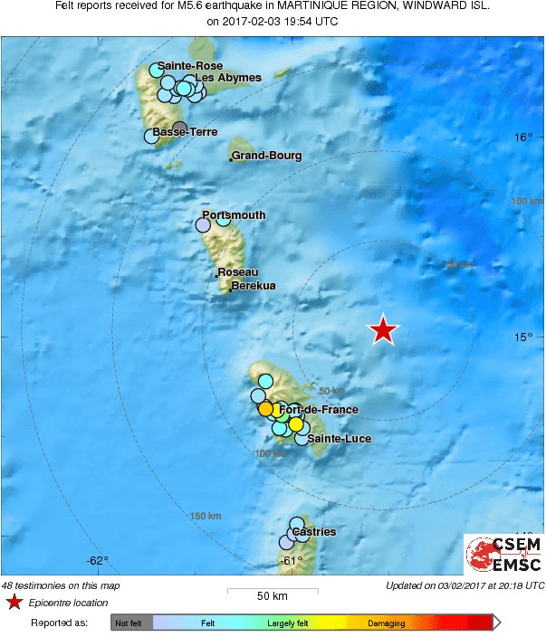 M5.6 earthquake (séisme) strikes 75 km NE of FortdeFrance (Martinique