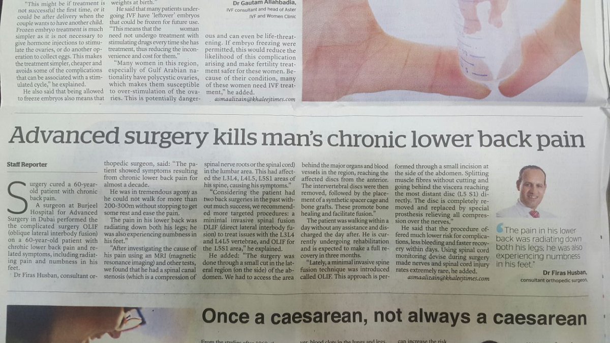 صحيفة أجنبية تذكر انجازات الدكتور فراس الحسبان لقيامه بجراحة متقدمة لأحد المرضى  آلام مزمنة أسفل الظهر عانى منها المريض فترة طويلة بلا علاج