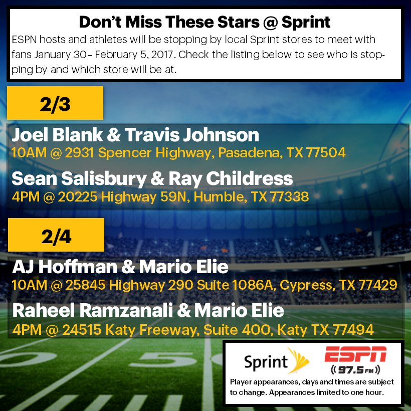 JohnStevens_'s tweet photo. Meet Sean Salisbury &amp; Ray Childress @ our Hwy 59N @Sprint store in Humble, TX @ 4PM. #SB51 #UnlimitedBowl @marceloclaure @JGSprintWest https://t.co/xY5tNTXBIK
