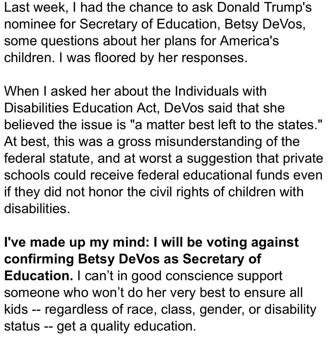 NewsNetNews's tweet photo. 🇺🇸 @timkaine Fri 3Feb17 - I've made up my mind: I will be #VotingAgainst confirming #BetsyDeVos as Secretary of #Education 🇺🇸 https://t.co/QiuJfKom3t