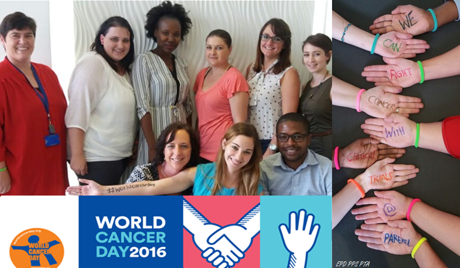 Parexel's tweet photo. Thanks to our #EarlyPhase #ProjectSpecialists for raising awareness of #cancer in honor of #WorldCancerDay. https://t.co/tJvioGrcAn