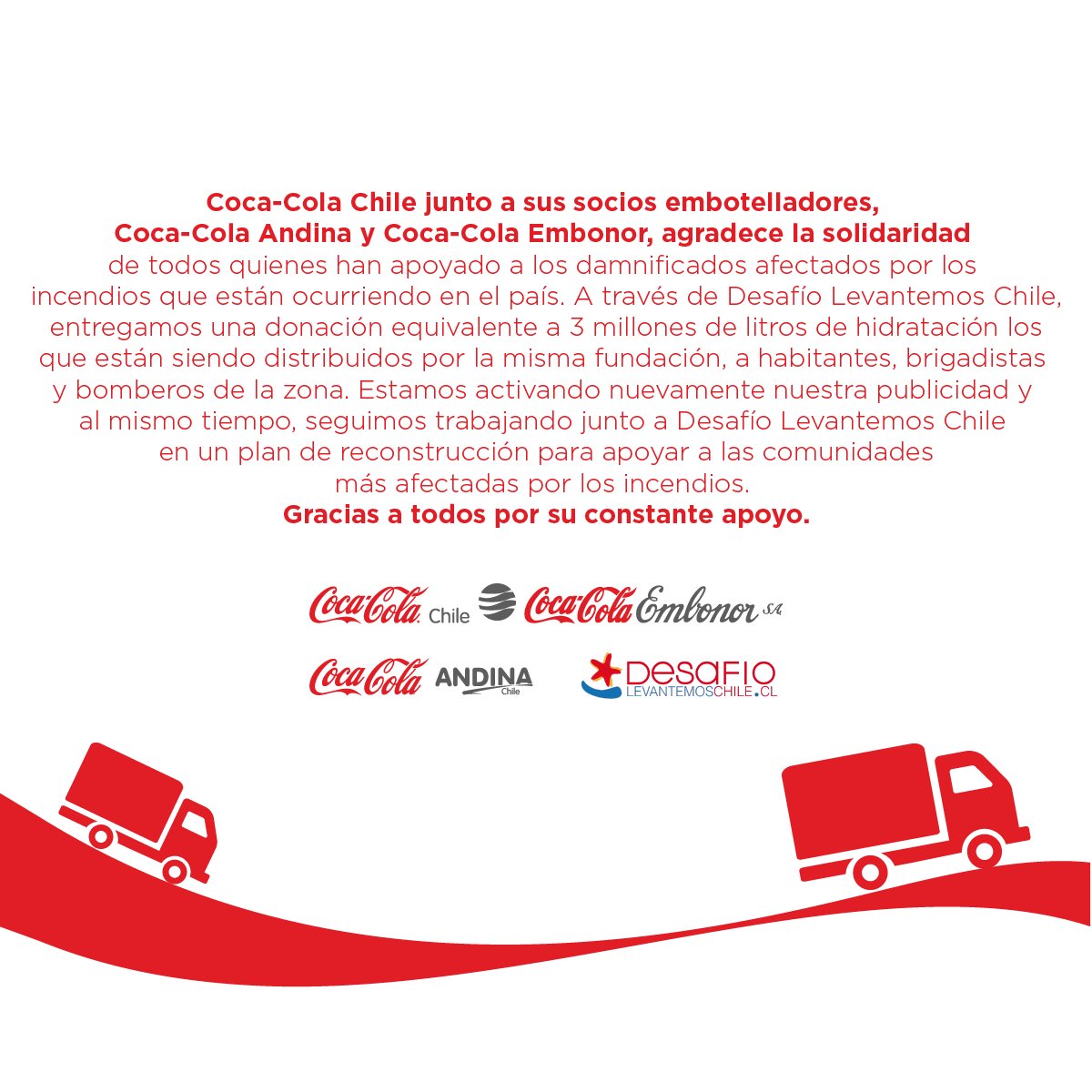 Coca-Cola Chile (@cocacola_cl) on Twitter photo Gracias a todos los que están apoyando. Seguimos trabajando con <a href="/DesafioChile/">Desafío Levantemos Chile</a> por reconstruir las zonas afectadas Gracias a todos los que están apoyando. Seguimos trabajando con <a href="/DesafioChile/">Desafío Levantemos Chile</a> por reconstruir las zonas afectadas
