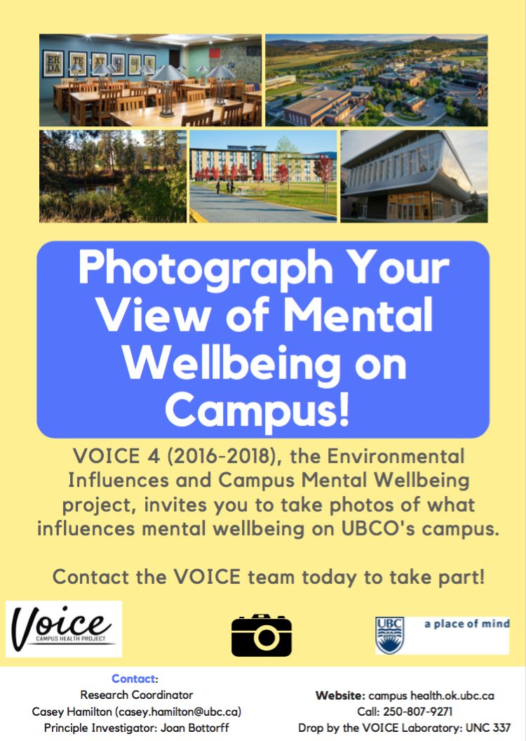 What aspects of campus influence your mental well-being? Participate in the #voice4 project through #photovoice! #campushealth #myubco #ubc