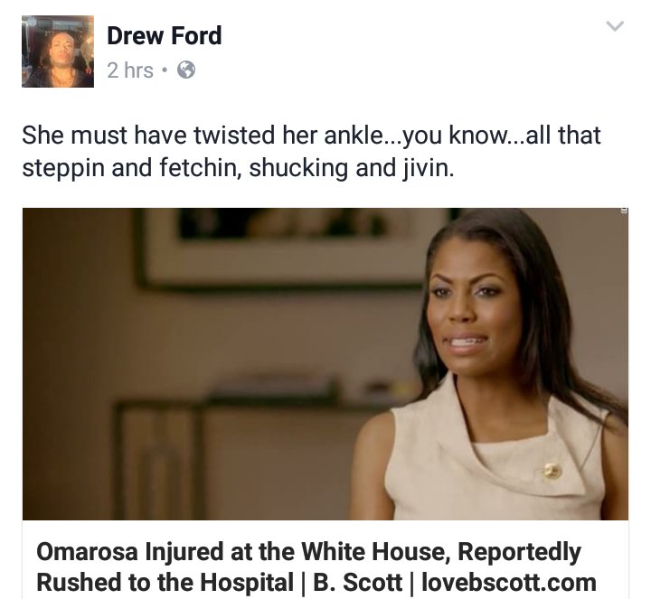 dbrown_sche's tweet photo. .@OMAROSA She must have twisted her ankle...you know...all that steppin and fetchin, shucking and jivin.
(via: #DrewFord @lovebscott) https://t.co/55jSiVngbq