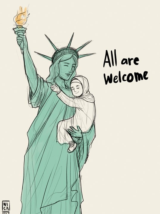 ajplus's tweet image. ”Give me your tired, your poor, your huddled masses…”

Artists show solidarity with Lady Liberty. #NoBanNoWall