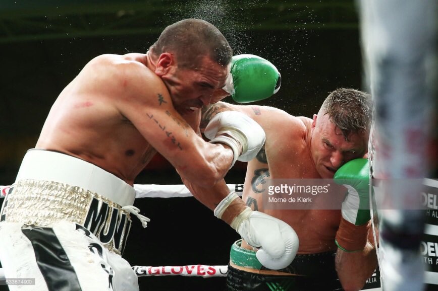 You know you are ringside when you end up covered in blood and spit.  #adelaideoval #gettyimages #mundinevgreen #manvmachine #boxing