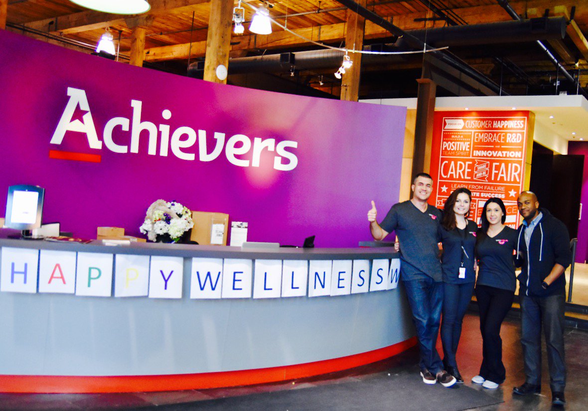 Achievers's tweet photo. @WellCalmApp Therapeutics gave Chiro, Ortho and massage services for Achievers Toronto office during Wellness Week! #wellcalm #wellnessweek https://t.co/ILYWmSI2Ss