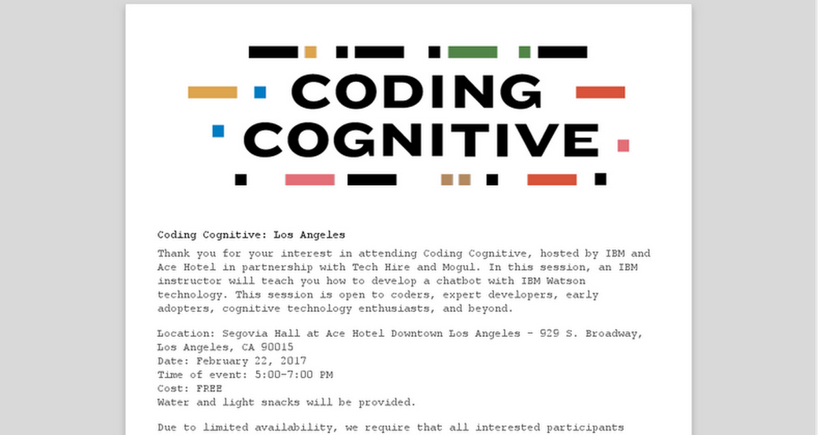 acehotel's tweet photo. #CodingCognitive Feb 22 β Los Angeles, you're next on our four-city tour; https://t.co/4tNmMoHZpi to apply for this free workshop with IBM https://t.co/m9YdOIuswy