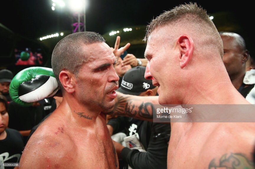 A touching moment after the bout... before all hell erupted in the ring. #adelaideoval #gettyimages #mundinevgreen #manvmachine #boxing