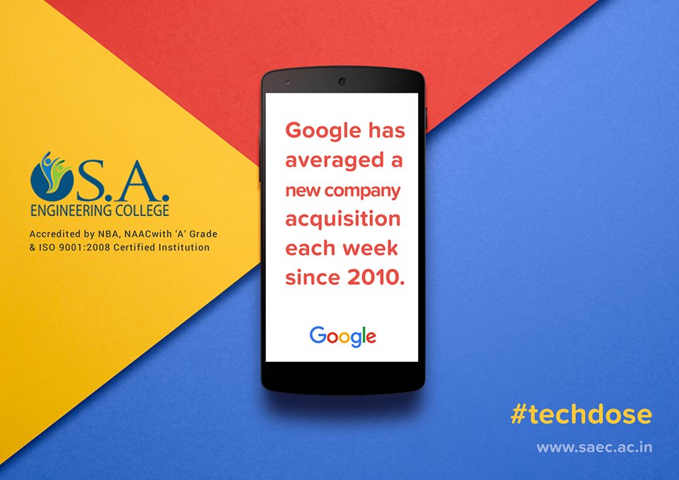 saectweets's tweet image. #techdose Google has averaged a new company acquisition each week since 2010. #techfacts #technology #SAEC