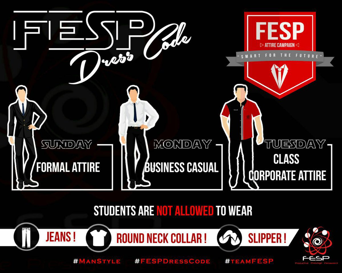 husnikaz's tweet photo. FESP Dress code ! Biasakan diri untuk mengamalkan pemakaian yang beretika . #UniSZAPastiTahu #TeamFESP https://t.co/Om24vjxQ5x