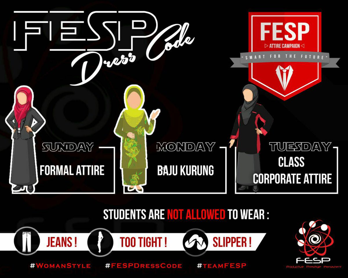 husnikaz's tweet photo. FESP Dress code ! Biasakan diri untuk mengamalkan pemakaian yang beretika . #UniSZAPastiTahu #TeamFESP https://t.co/Om24vjxQ5x