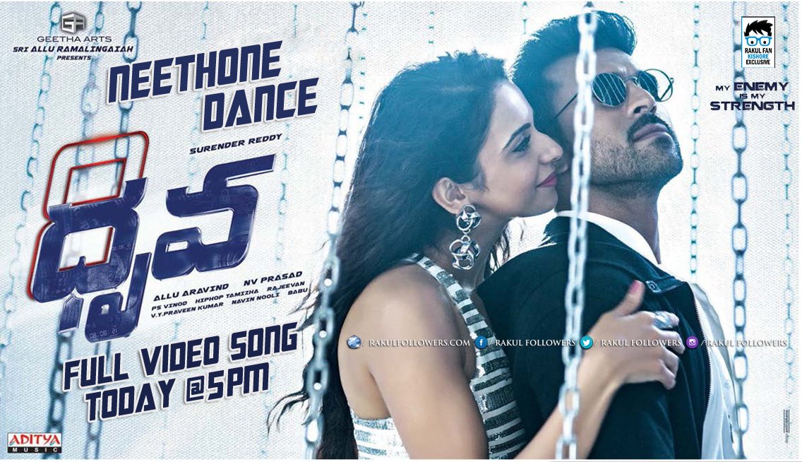 RakulFollowers's tweet photo. #RamCharan @Rakulpreet 's #Neethoney Full Video Song From #Dhruva Today at 5PM. Music By @hiphoptamizha , Directed By #SurenderReddy https://t.co/ALyIQqi5po