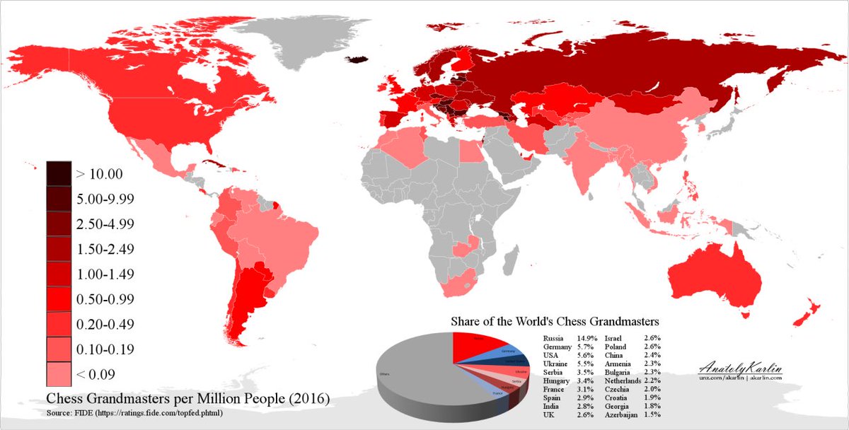 armenia's tweet photo. #Armenia is indeed a superpower in chess: it has one of worldโs highest #chess GM density per million ppl according to this map. #ArmChess https://t.co/mezNuUbU7L