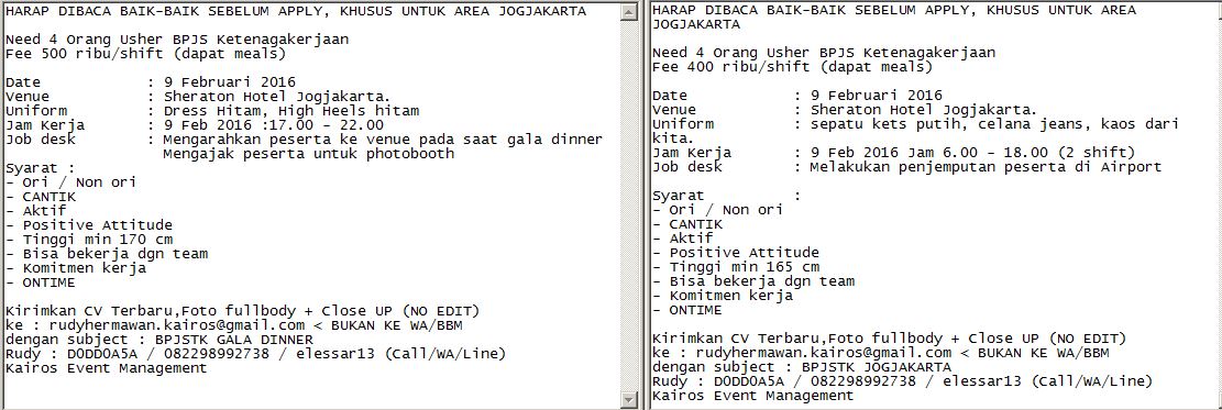 Usher Jogja, 9 Feb 17,Ada 2 Job nih, dihari yang sama dan fee yang berbeda, Dibaca baik2 yah syarat dan ketentuannya <a href="/EventJoglosemar/">Event Jogja Jateng</a>