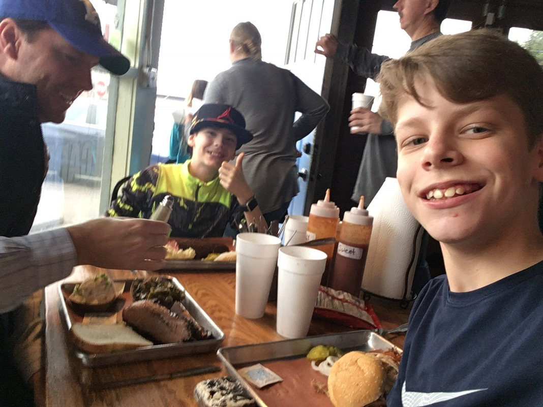 adamhedelen's tweet photo. Edelen boys crushing BBQ @BlueDoorSmoke!  #awesomelunch #pepsiproducts https://t.co/zPn450dP96