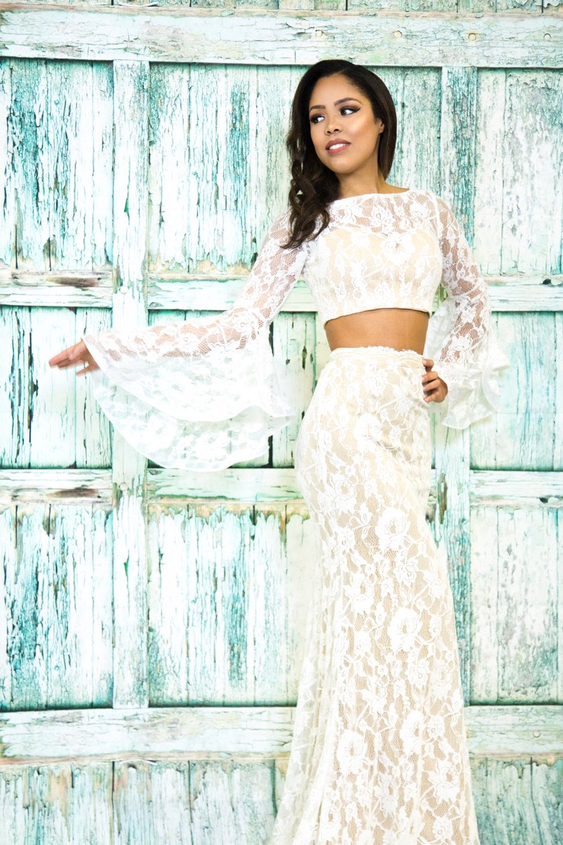 Check out this beautiful #twopiece #lace <a href="/macduggal/">Mac Duggal Dresses</a> available at #cocoschateau 
#prom2k17 #prom2017 #bellsleeves #njprom #ootd #macduggal