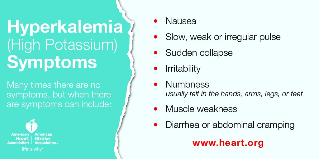 American_Heart's tweet photo. Some drugs #HF patients must take can lead to #Hyperkalemia. Know the symptoms, talk to your doc! https://t.co/IUP0G1Det5 #HFWeek17 https://t.co/35cU2ZrF8m