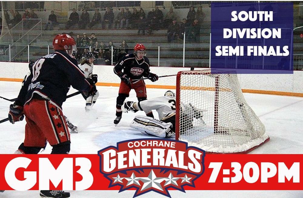 CGenerals's tweet photo. Let's pack the rink #Cochrane! It's #HockeyNightInCochrane and your #CGenerals are looking to increase their series lead to 3-0! #HJHL https://t.co/FscGC4HAir