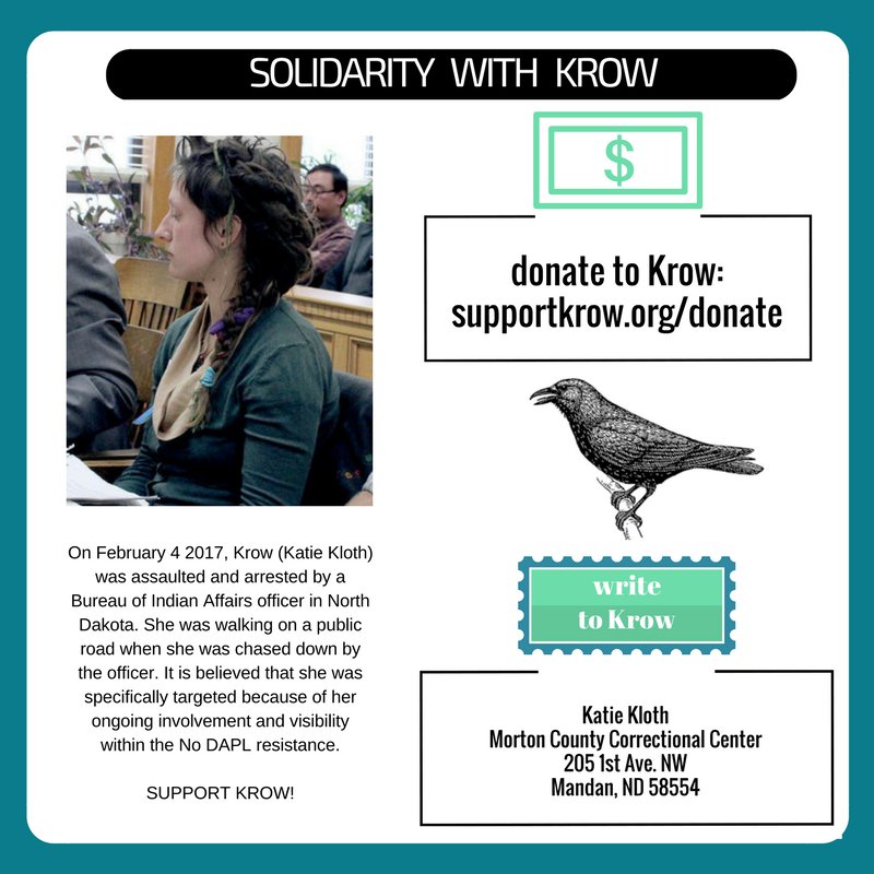 SupportKrow's tweet image. Support Krow! Donations will go to: paying lawyers, commissary, postage, travel for visiting Krow, and/or bail. @efjournal @SacredStoneCamp