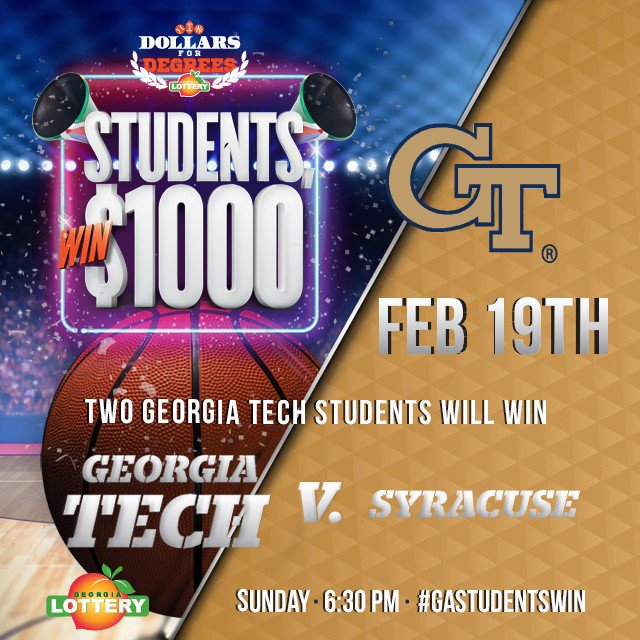 GeorgiaLottery's tweet photo. Happy Saturday! Come out tomorrow evening to watch @GTMBB take on Syracuse! Two lucky students will win BIG! #GAStudentsWin https://t.co/pGW790AFK9