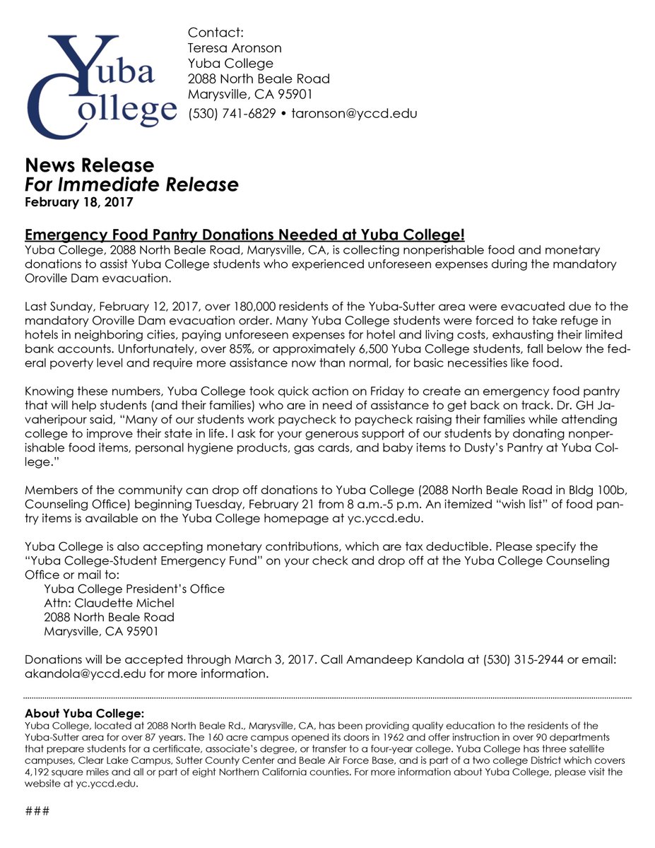 Yuba College On Twitter Donate To The Emergency Food Pantry That