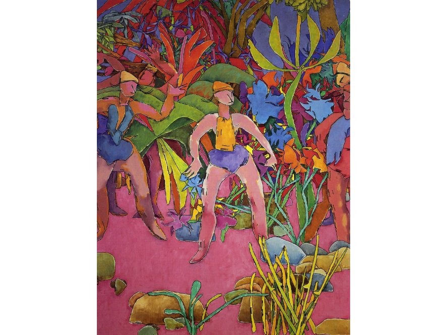 CindyXinyiYe's tweet photo. Meeting on Gauguin's Beach is a painting by Harold Cohen and a computer programme Aaron before any deep learning was created. #CollapseLab https://t.co/mDTT2elIoX