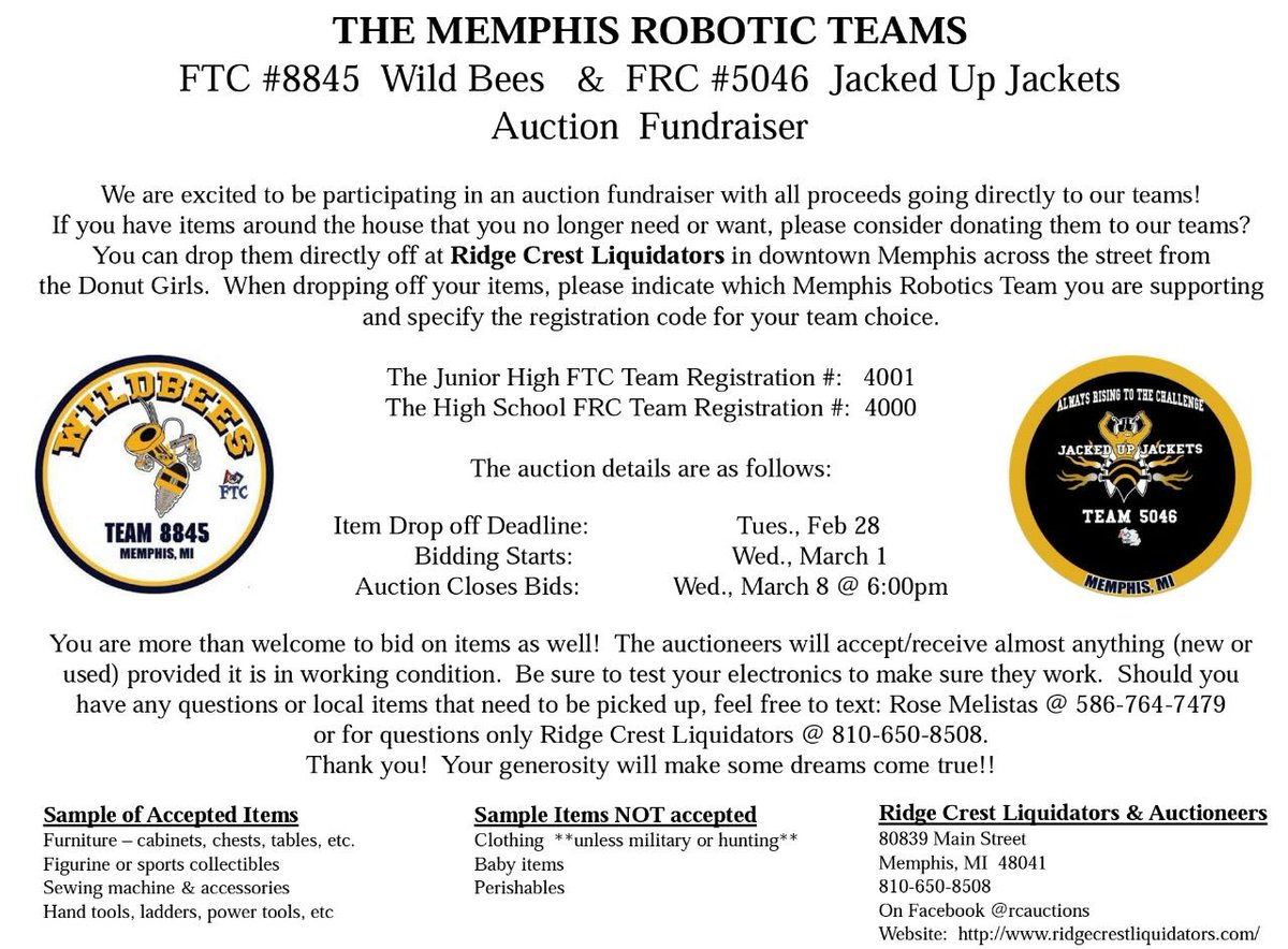 Memphis Robotics in conjunction with Ridge Crest Liquidators is going to have a online auction.