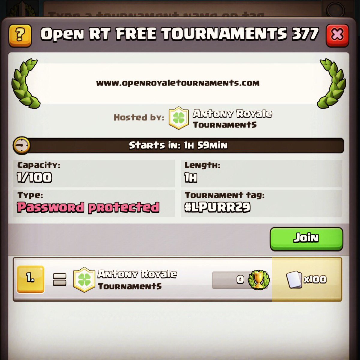 No 377 is live on openroyaletournaments.com you can find easily new tournaments and the passwords #openroyaletournaments