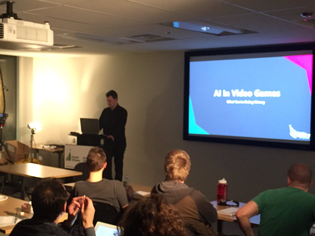 OttawaUnityUG's tweet image. Nathan Pringle getting started with his talk on AI. Packed house tonight! @unity3d #gamedev