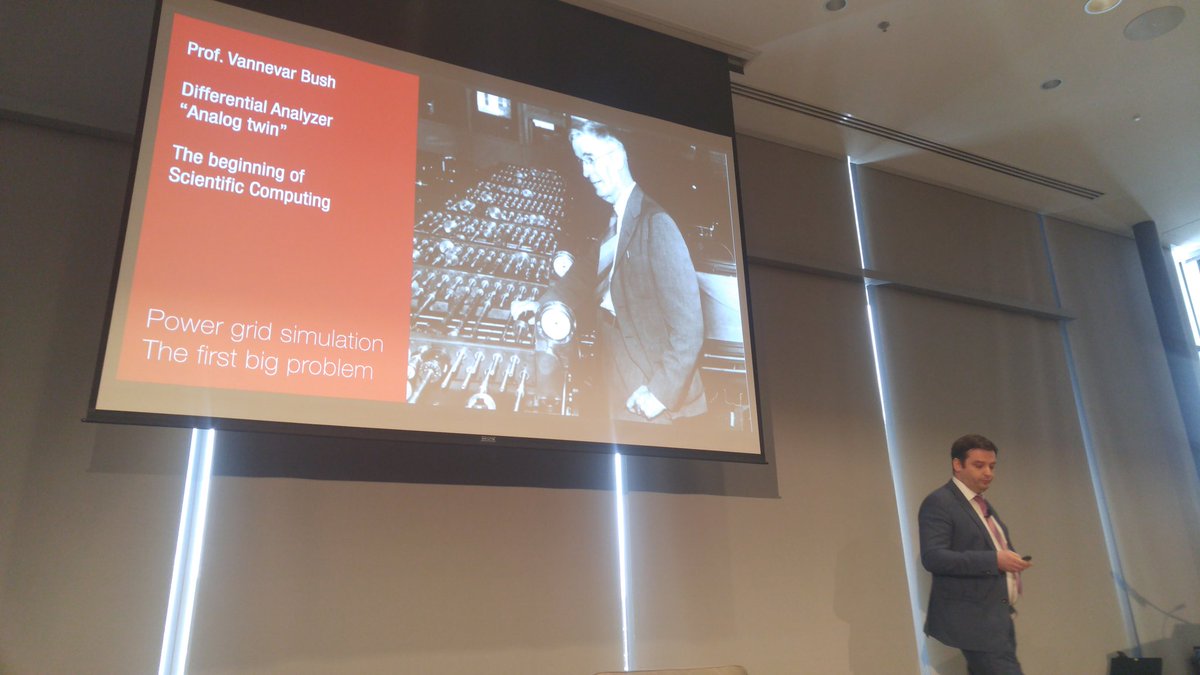 GalenNelson's tweet photo. @TyphoonHIL Ivan Celanovic reminds us that power controls simulation was born at @MIT a century ago #MicrogridMA @MassCEC https://t.co/ivw32tHV2p