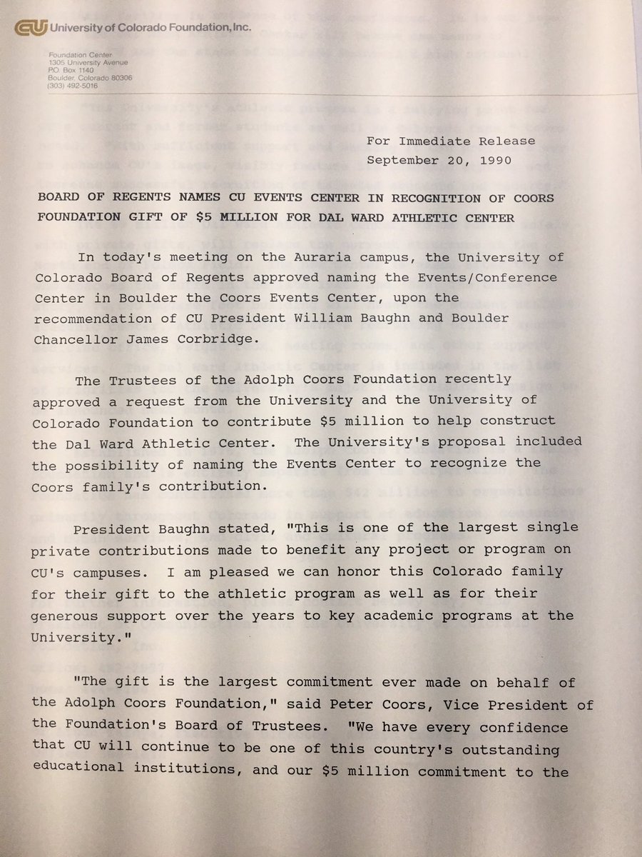CUBuffs's tweet photo. DYK the @CoorsEC is named in honor of a donation from the Coors Foundation to help build Dal Ward? Regents press release from 1990: https://t.co/chbu2oQaAN