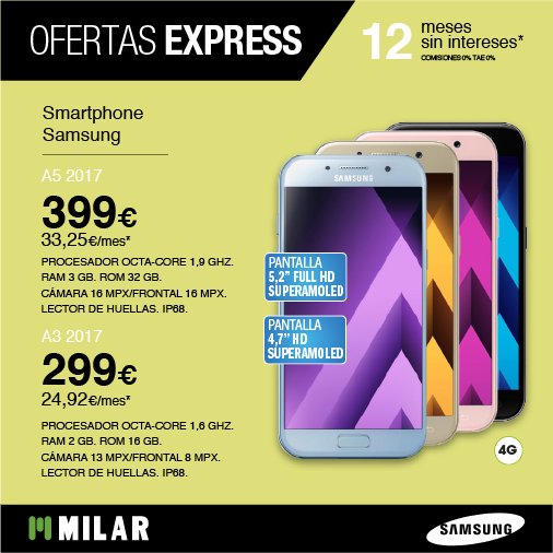 MilarCOMELSA's tweet photo. La nueva serie #GalaxyA #Samsung para este 2017 ¡ya está en #MilarComelsa!
Ahora precios mas bajos y financiación 12 meses #OfertasExpress https://t.co/hPdpZQY7Hv
