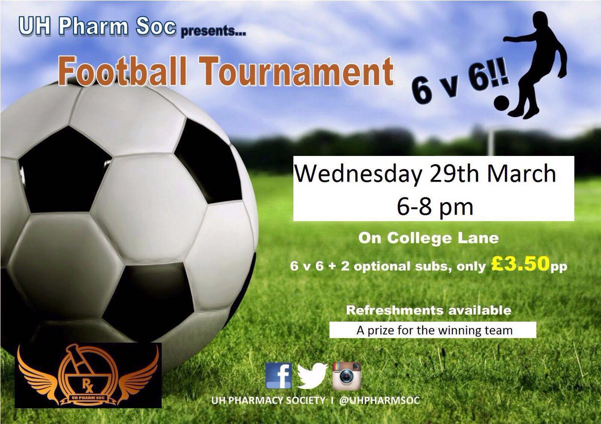 UHPharmSoc's tweet photo. Upcoming PharmSoc events: Inter-Pharm social and a football tournament! Be sure to get involved! https://t.co/EbROQQV7Nc