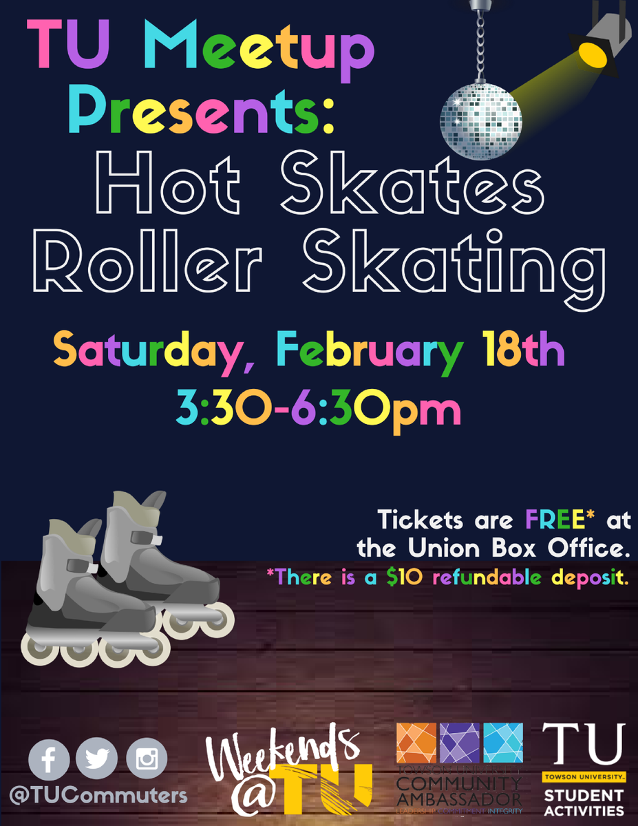 TUCommuters's tweet image. LAST CHANCE to pick up a TU MeetUp: Hot Skates Rollerskating ticket for this Saturday (2/18)! Don't miss out on free pizza and skates!