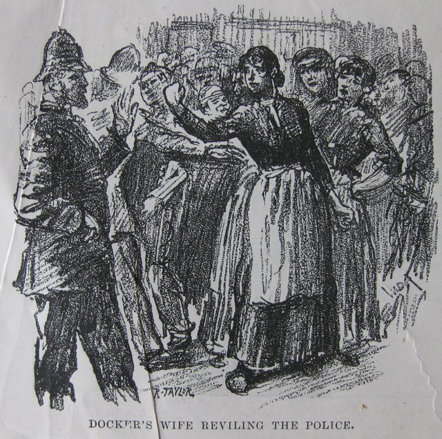 iaiestaran's tweet photo. "Esposa de un estibador lanzando improperios a la policía" (la huelga de estibadores de 1890 en Southampton - The Illustrated London News). https://t.co/tH7EoCPqc3