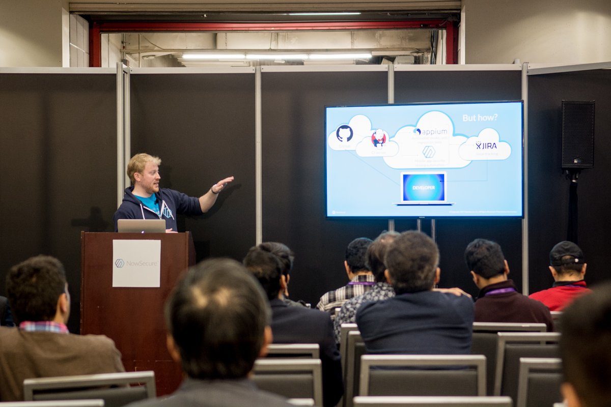 NowSecureMobile's tweet photo. Senior Solutions Engineer @ismejmp presenting in the @RSAConference #RSAC Briefing Center on CI testing for #DevOps https://t.co/9IYovGLAP4 https://t.co/fZY0YnNm5M
