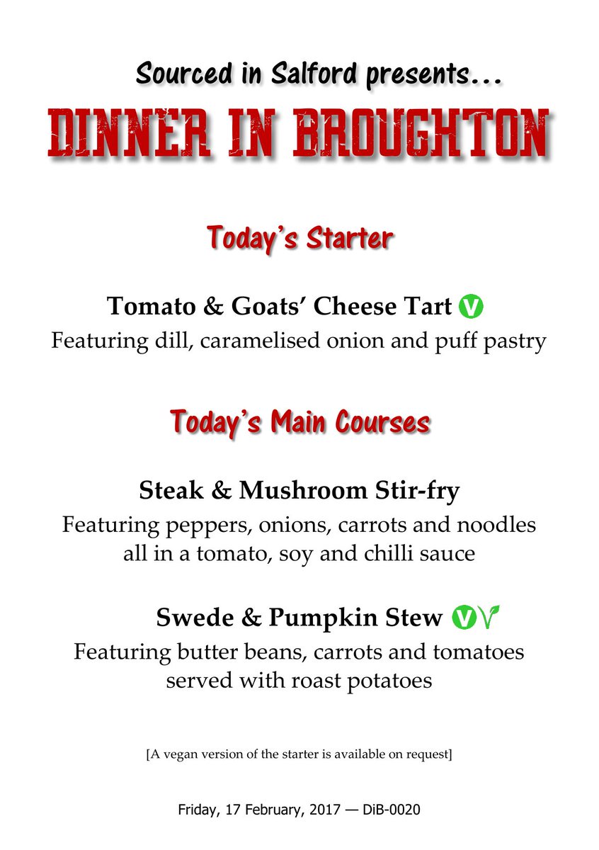 Sourced_Salford's tweet photo. Here's this week's 'Dinner in Broughton' menu — two courses for £2… from 5pm at #TheNaz #Salford #M71ZQ. #CommunityMeal #ComBiz #SocEnt https://t.co/XiV6qk2rLH