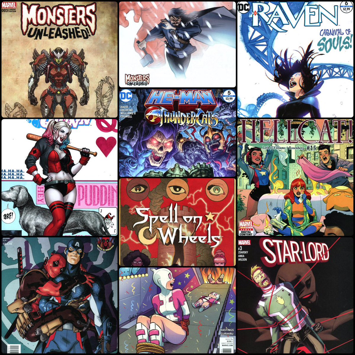 kittystavern's tweet photo. My #FunReads #NCBD picks #SpellOnWheels #HarleyQuinn #HeMan #Thundercats #Raven #Deadpool #Gwenpool #MonstersUnleashed #Hellcat #StarLord https://t.co/mnrP9x8TP7