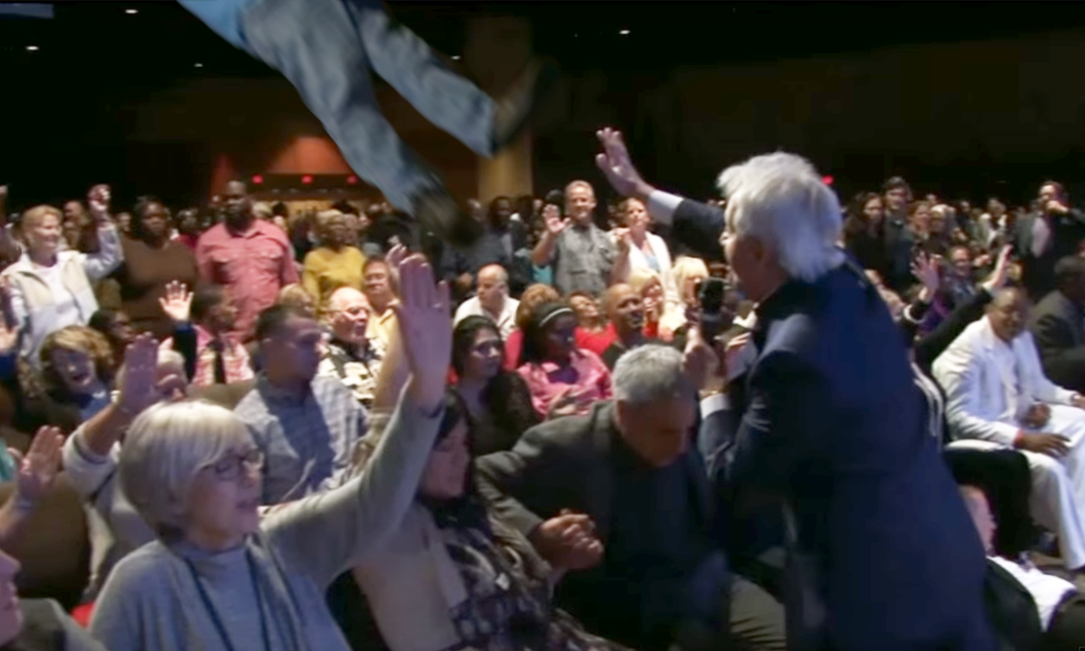 TheBabylonBee's tweet photo. Benny Hinn Loses Control Of Powers, Sends Audience Member Soaring Hundreds Of Feet Into Air https://t.co/4BbYfhLDyD https://t.co/Rb3uzbaaIE