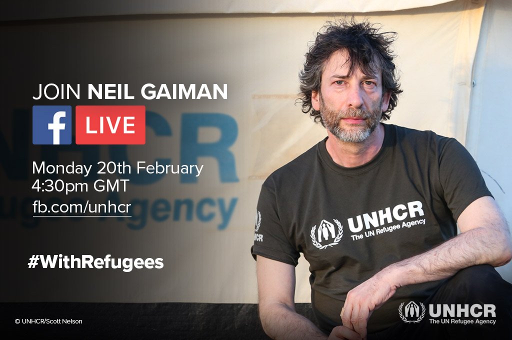 Refugees's tweet photo. What do you want to ask @NeilHimself? Join us on Facebook live, Monday at 4:30pm GMT https://t.co/OW5e1hGoNm https://t.co/TDYUmSk4OL
