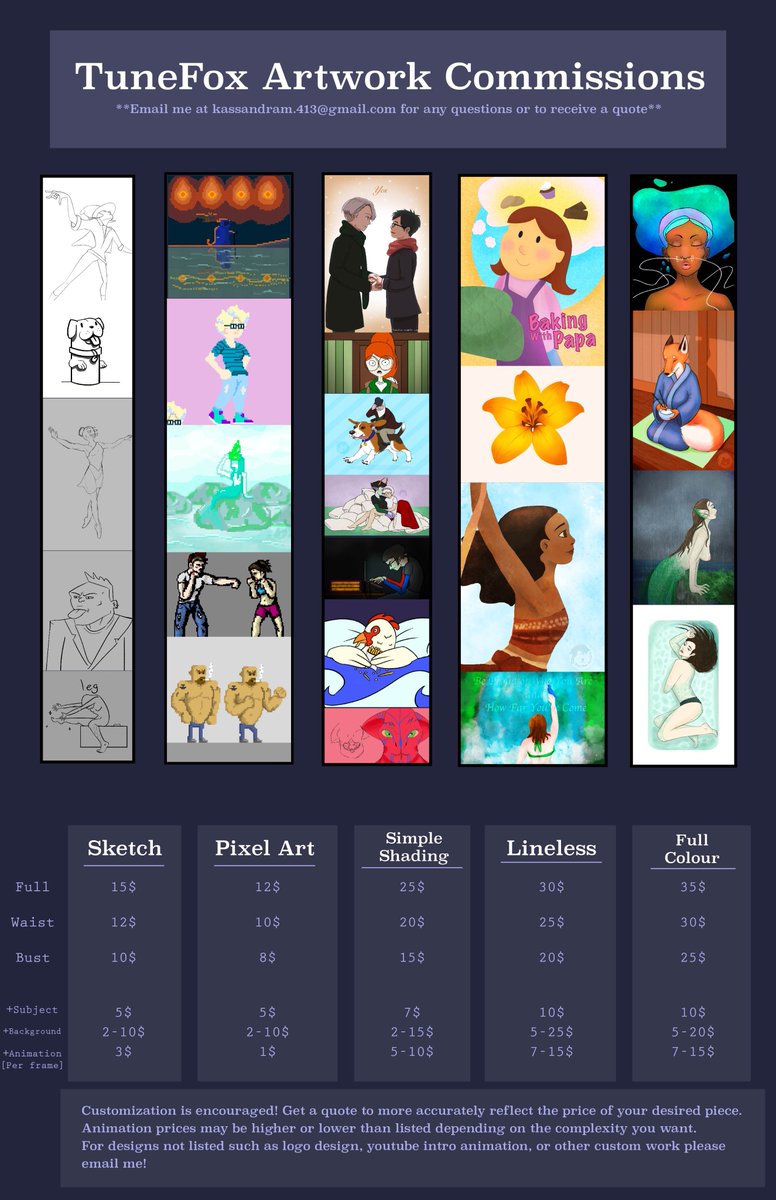 TuneFox_Artwork's tweet photo. I'm officially opening commissions! Illustrations and short animation info is on this sheet. Longer animations would need a quote https://t.co/dOW97hFWda