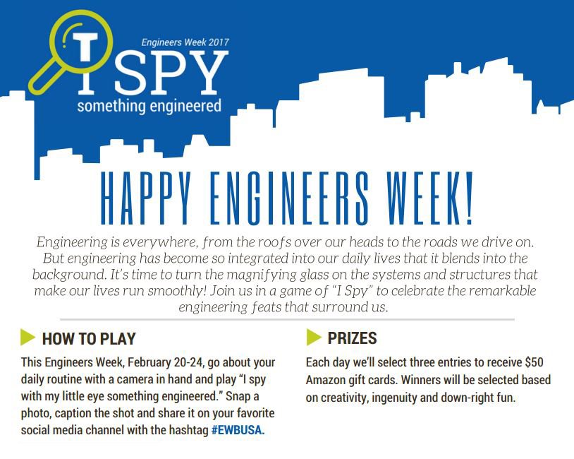 Looking forward to #EngineersWeek! Join us in playing "I spy something engineered" from Feb. 20-24! ow.ly/LINT3095855 #EWBUSA