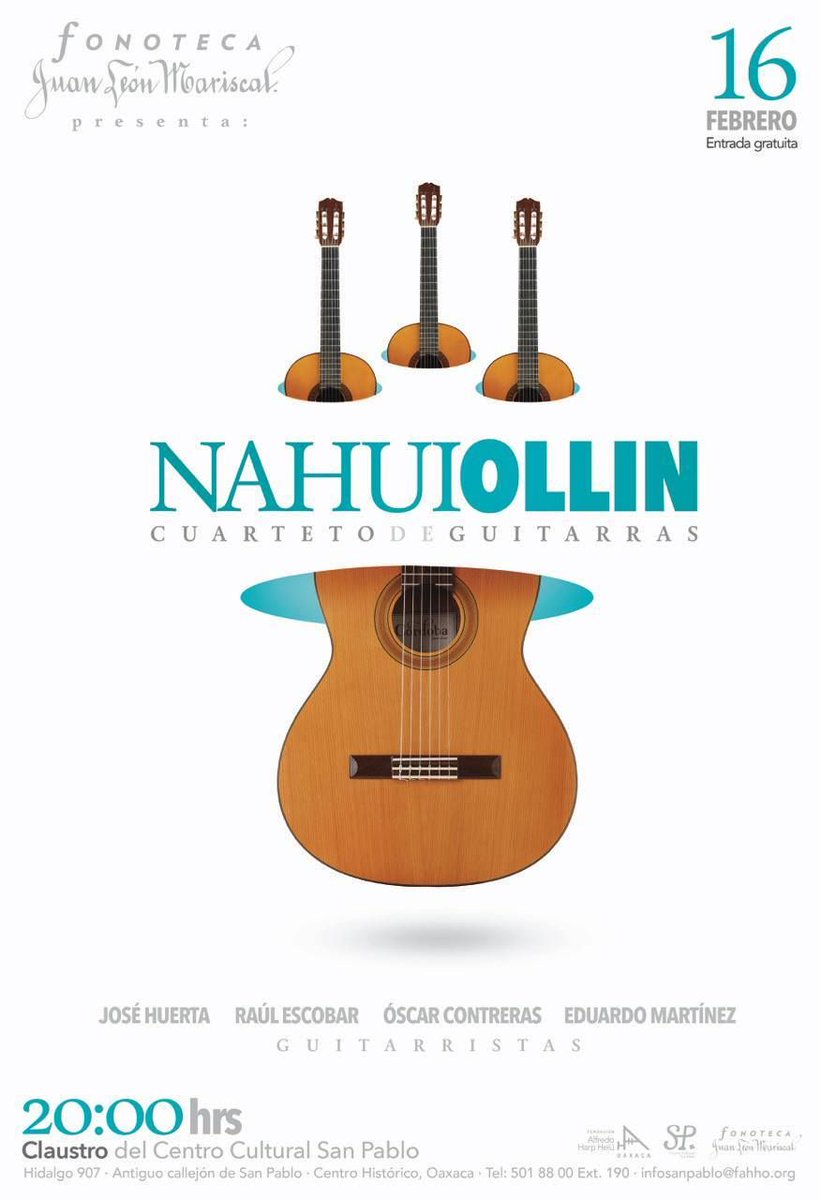 FundacionAHHO's tweet photo. #Hoy
#Concierto del Cuarteto de guitarras Nahui Ollin
Jueves 16 de #feberero a las 20 h en el Claustro de @fahho_sanpablo
#EntradaLibre https://t.co/9dl4X1fdqq