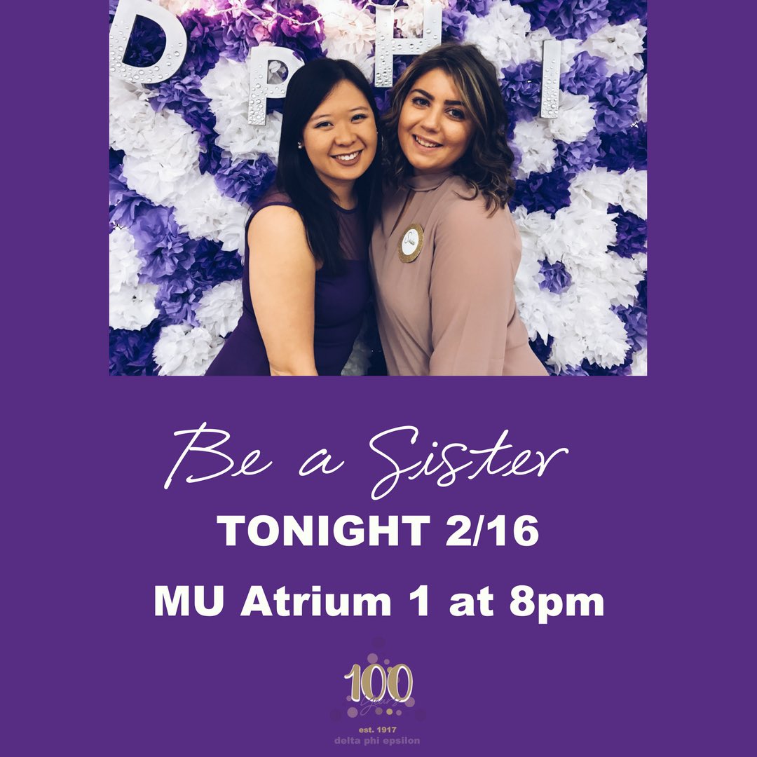 It's not too late to find a sisterhood at URI! Come see us in Atrium 1 TONIGHT! 🦄💜 #uridphie #dphie100
