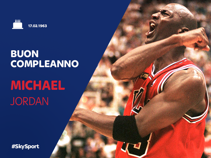 SkySport's tweet photo. Compie 54 anni una leggenda della pallacanestro, nonché uno degli sportivi più vincenti e apprezzati di sempre. Auguri a MJ! 🏀🎂🎉 #SkyNBA https://t.co/6ieYpfX1Cc