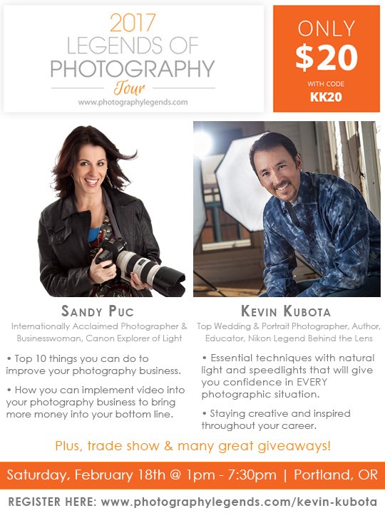 How about a full day of live photography education for $20? Join me &amp; Sandy Puc in Portland, OR Saturday. Code: KK20
photographylegends.com/kevin-kubota