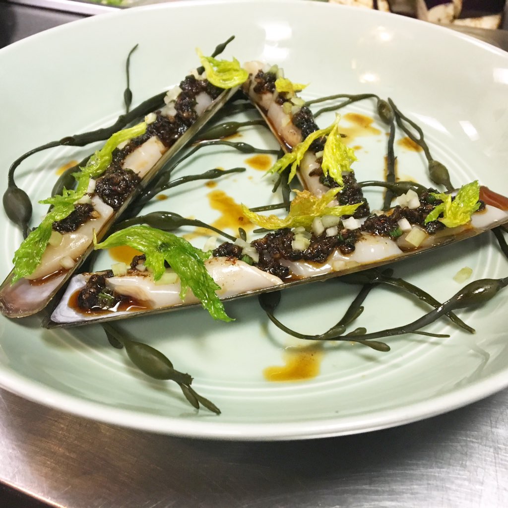 Long Island razor clam. Raw. Black bean chili. Garlic chive. Fried celery.