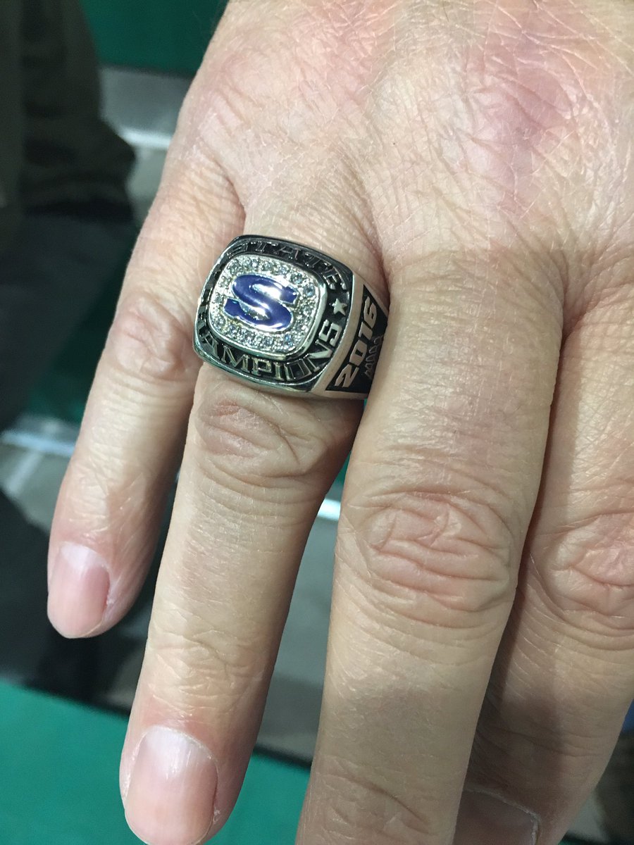 JeffLanders's tweet photo. HC Scott Berger of @SkylineGrizz FB showing off his 2016 4A state championship ring at the Bonneville-Highland game tonight. #IDPreps #Bling https://t.co/kcUr4ENF2j